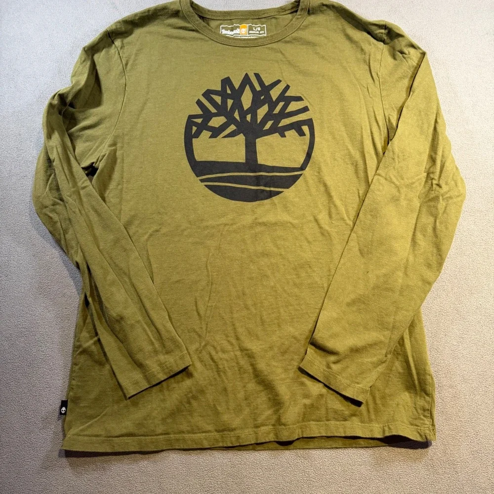 Timberland Mens Long Sleeve Graphic Tree Logo Tee Shirt Olive Green Regular Fit